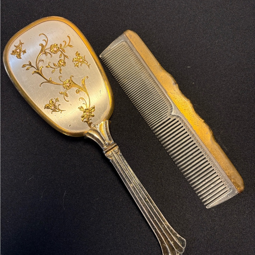 1950’s 2 Piece Vanity Set Gold and Silver Toned Floral Pattern Brush and Comb